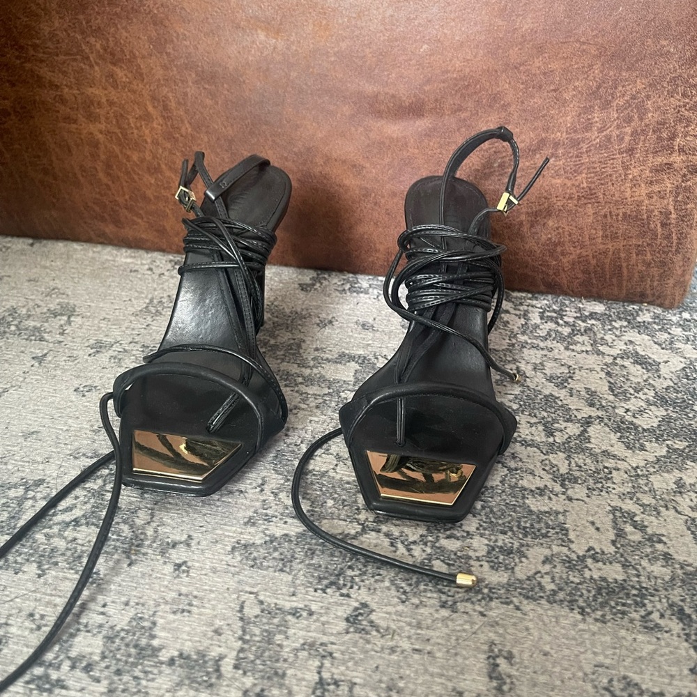 SCHUTZ Black Lace-Up Heels with Gold Accents